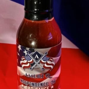BBQ sauce bottle with patriotic label.