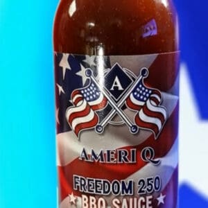 BBQ sauce bottle with American flag design.