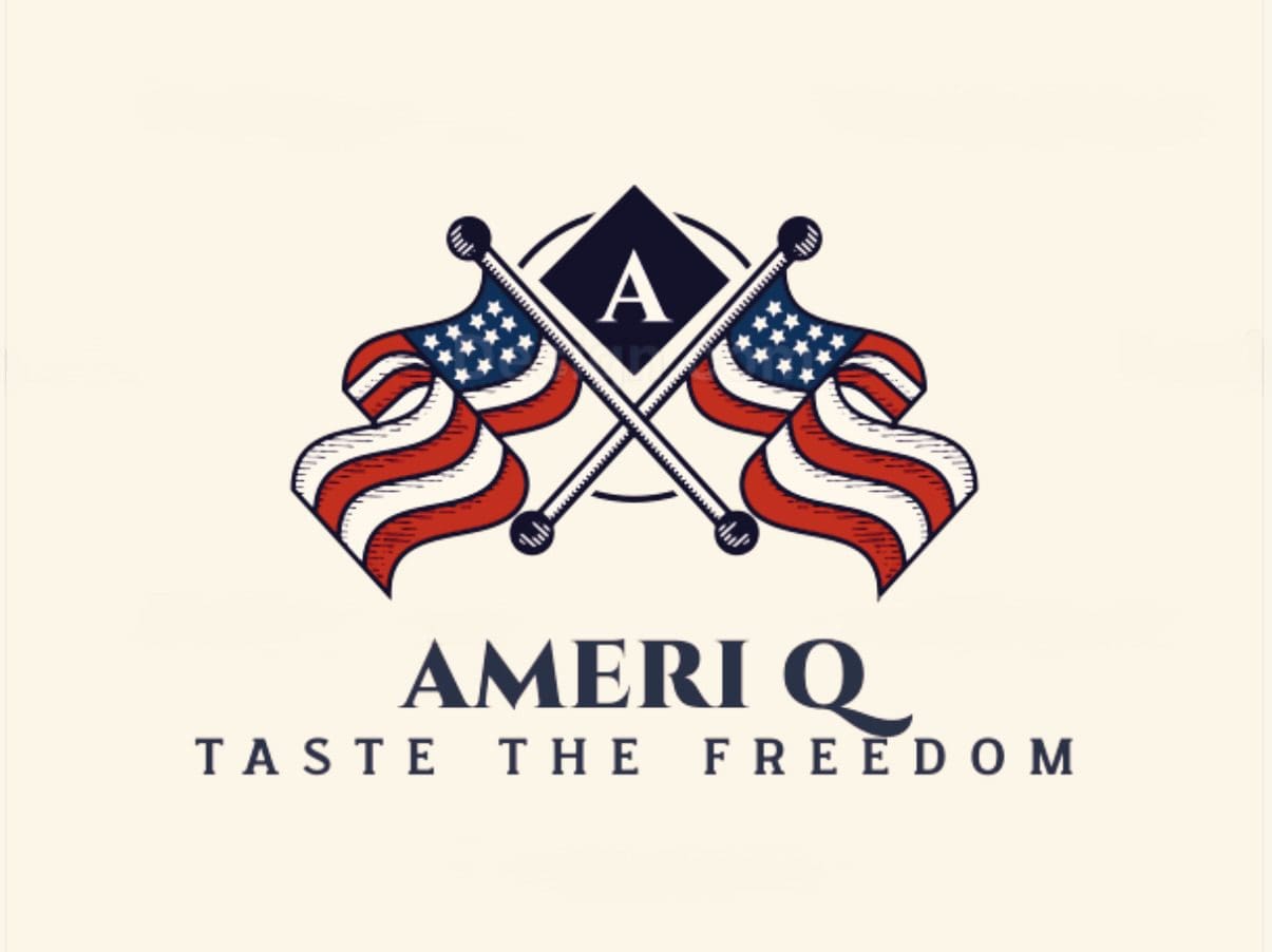 Crossed American flags with "Ameri Q" text.