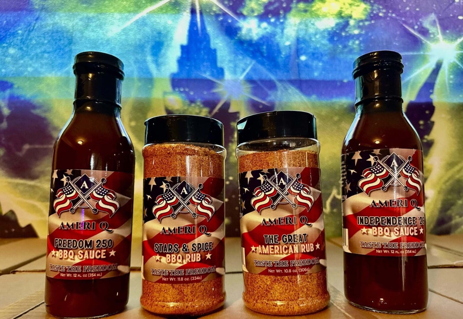 BBQ sauces and rubs with American flag.